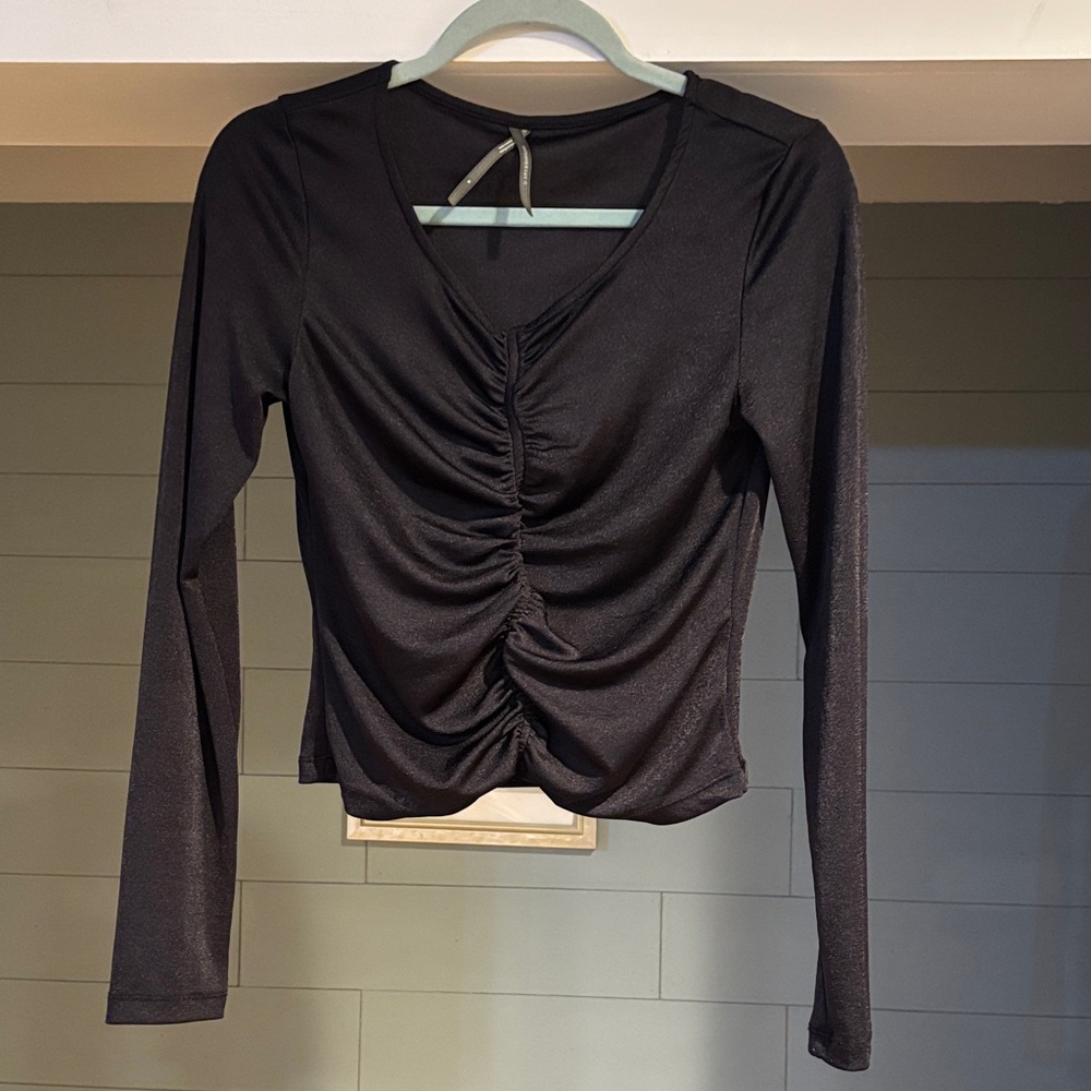 Black Ruched Long-Sleeve V-Neck Top